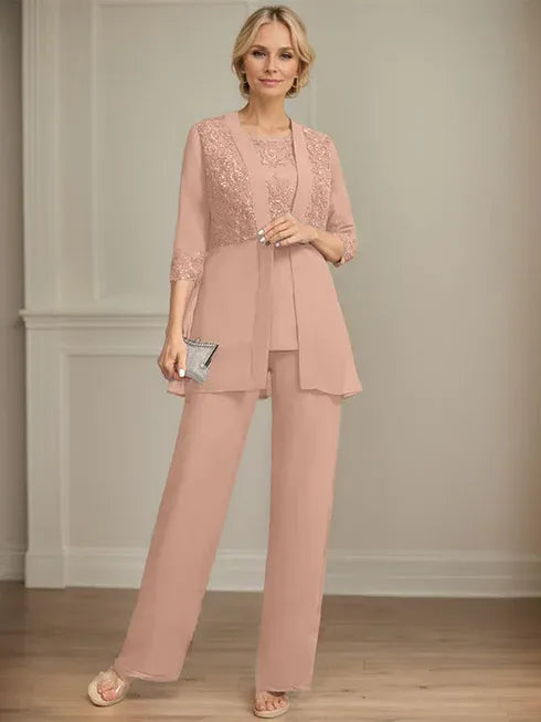 Floor-Length Chiffon Lace Jumpsuit and Pantsuit Separates with Sequins – Perfect Mother of the Bride Dress