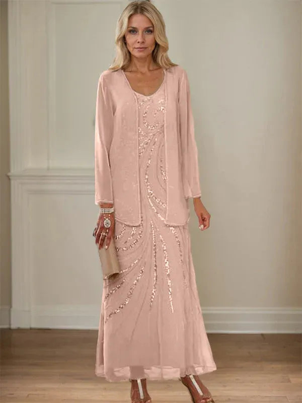 Sheath/Column V-Neck Ankle-Length Mother of the Bride Dresses with Jacket & Sequins