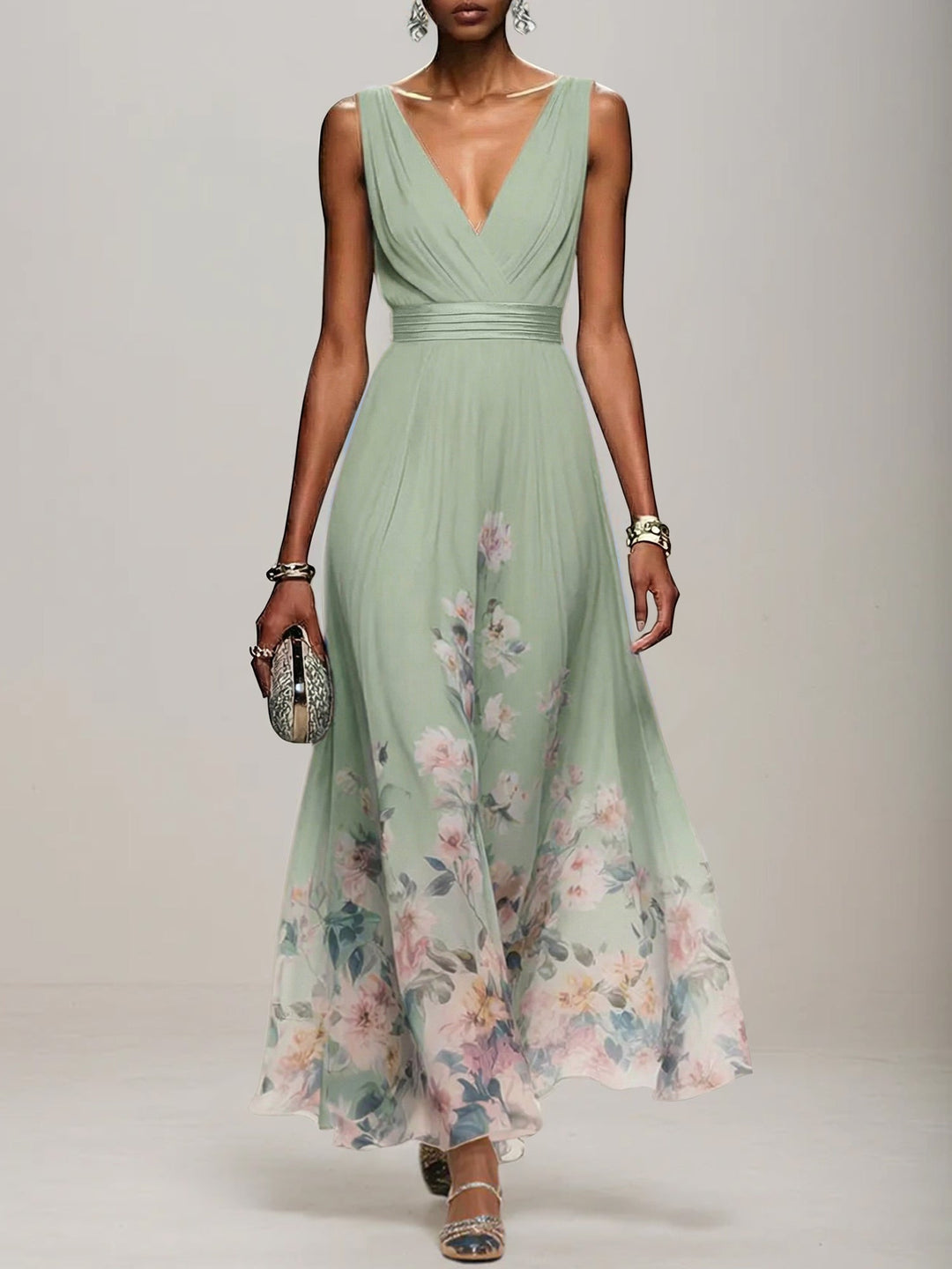 Light Blue Floral Chiffon V-Neck Sleeveless A-Line Maxi Dress