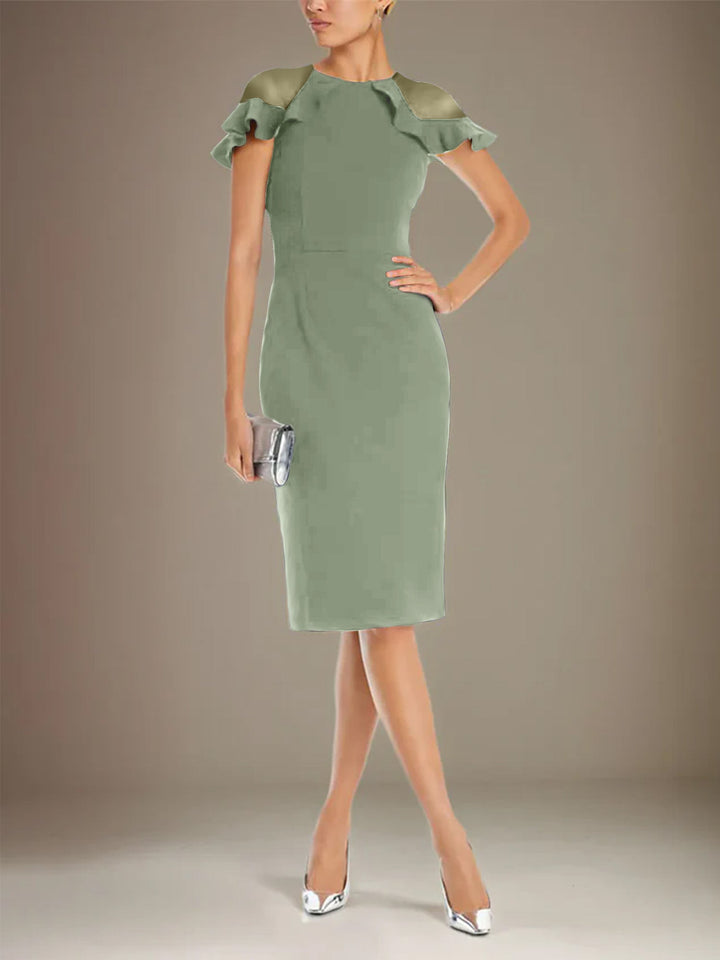 Sheath Dress with Column Stretch Crepe, Scoop Neck, Short Sleeves, Knee Length