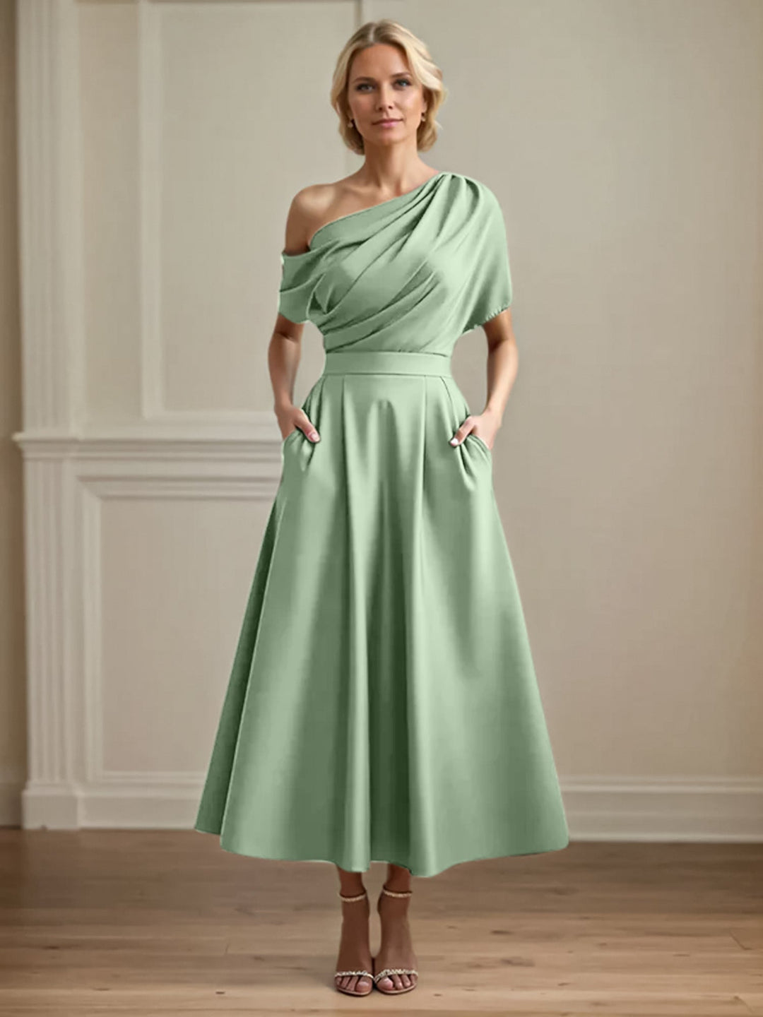 One-Shoulder Satin A-Line Pleated Ankle-Length Mother of the Bride Dress