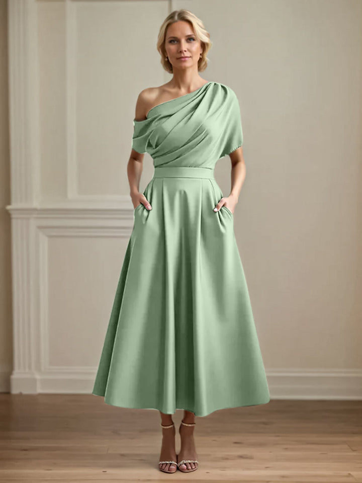 One-Shoulder Satin A-Line Pleated Ankle-Length Mother of the Bride Dress