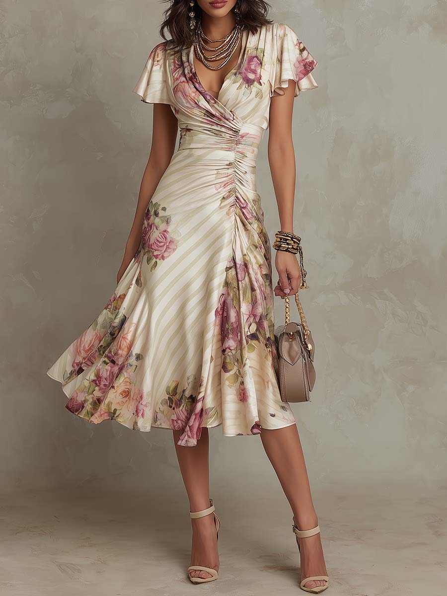 Alba | Elegant Floral Midi Wrap Dress with Ruffles