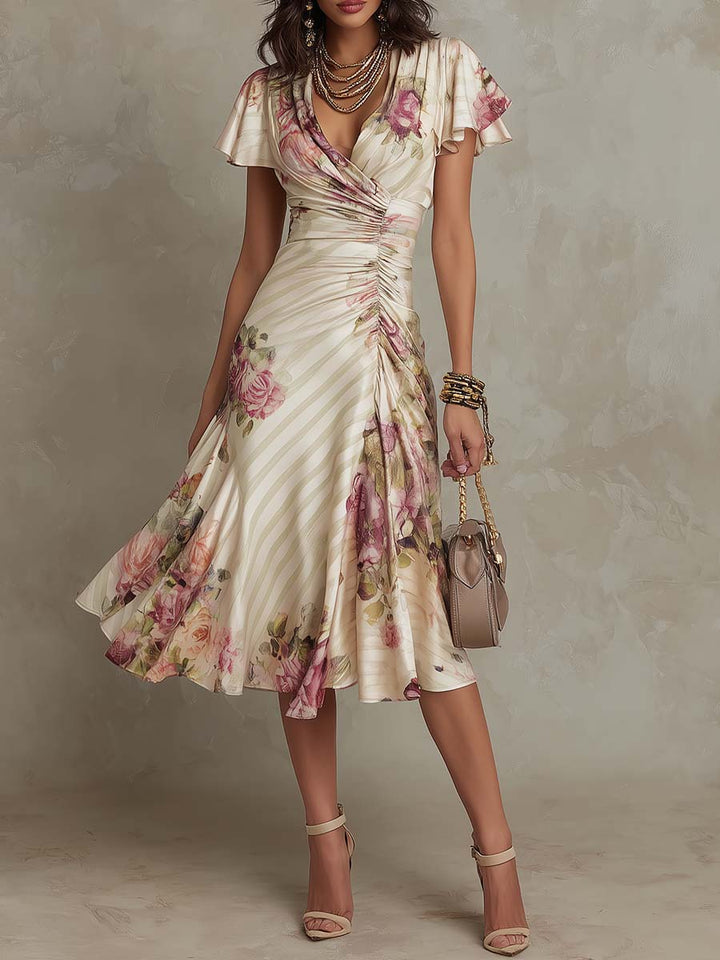 Alba | Elegant Floral Midi Wrap Dress with Ruffles