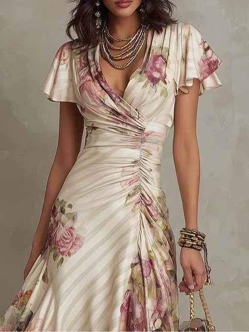Alba | Elegant Floral Midi Wrap Dress with Ruffles