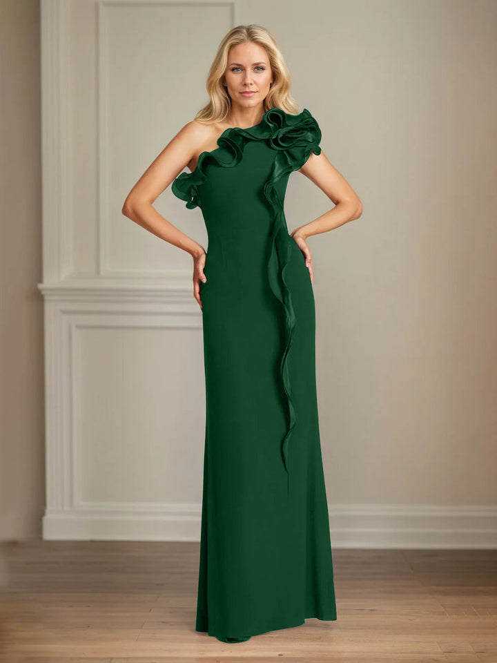 Navy Stretch Crepe One-Shoulder Sheath Dress with Ruffles – Floor-Length Mother of the Bride Gown