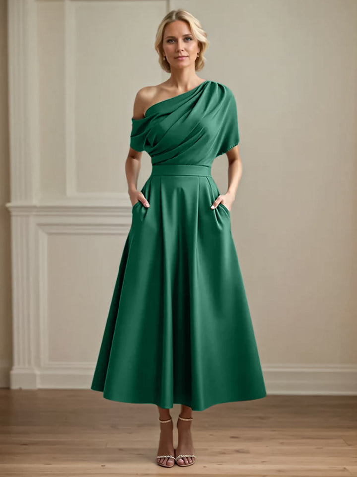 One-Shoulder Satin A-Line Pleated Ankle-Length Mother of the Bride Dress