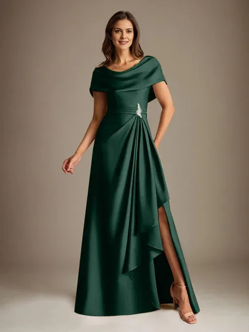 A-Line Scoop Neck Floor-Length Stretch Satin Mother of the Bride Dress with Cascading Ruffles