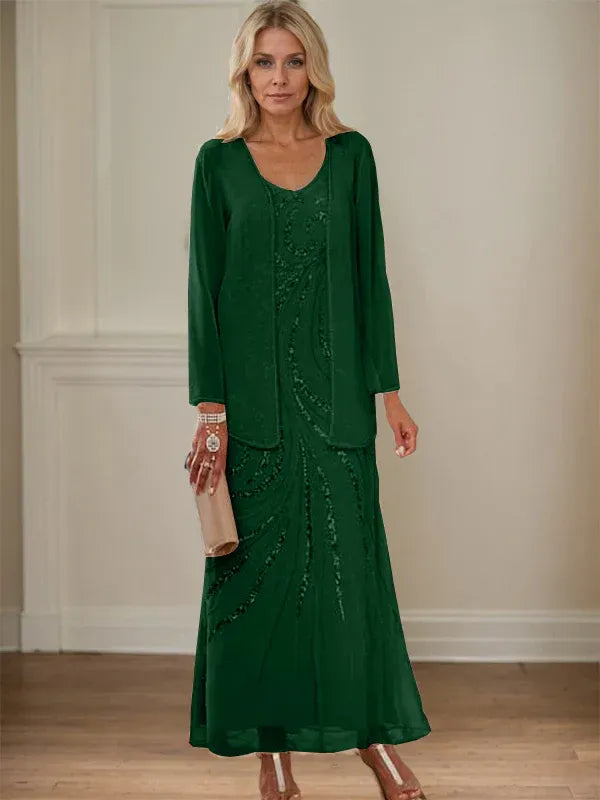 V-Neck Sheath/Mother of the Bride Ankle-Length Dress with Jacket & Sequins
