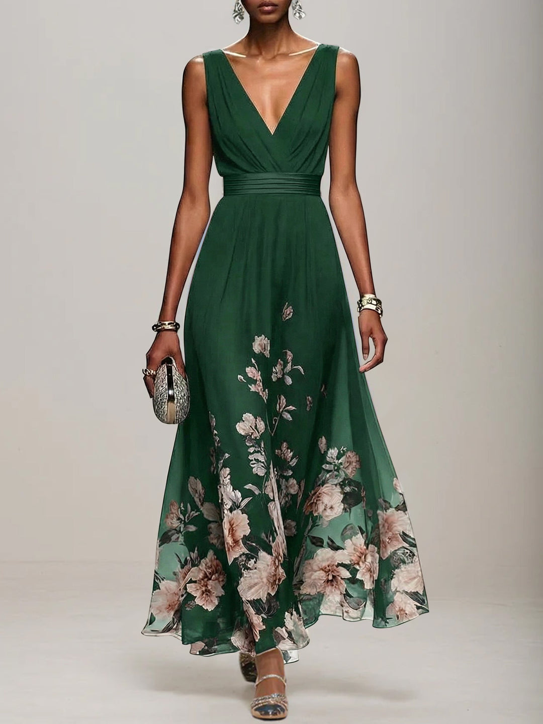 Light Blue Floral Chiffon V-Neck Sleeveless A-Line Maxi Dress