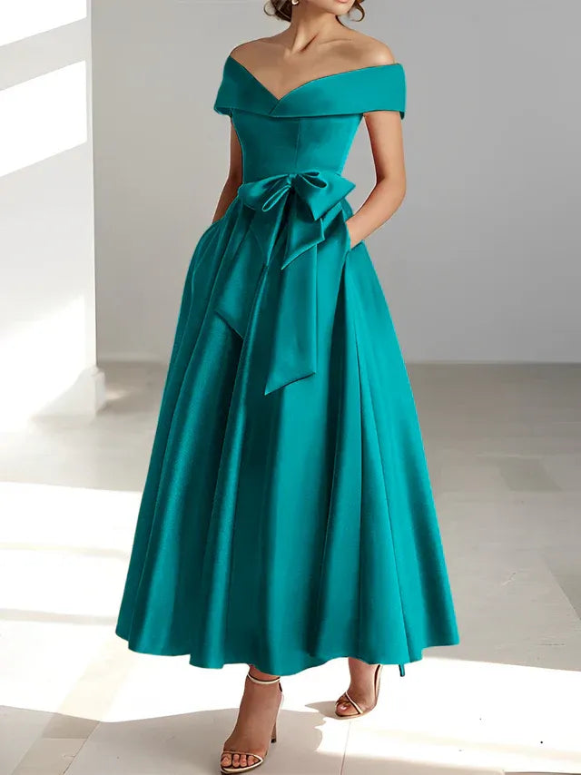 A-Line Off-the-Shoulder Sleeveless Ankle-Length Mother of the Bride Dress with Pockets