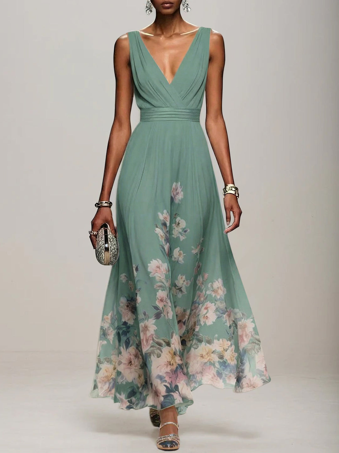 Light Blue Floral Chiffon V-Neck Sleeveless A-Line Maxi Dress