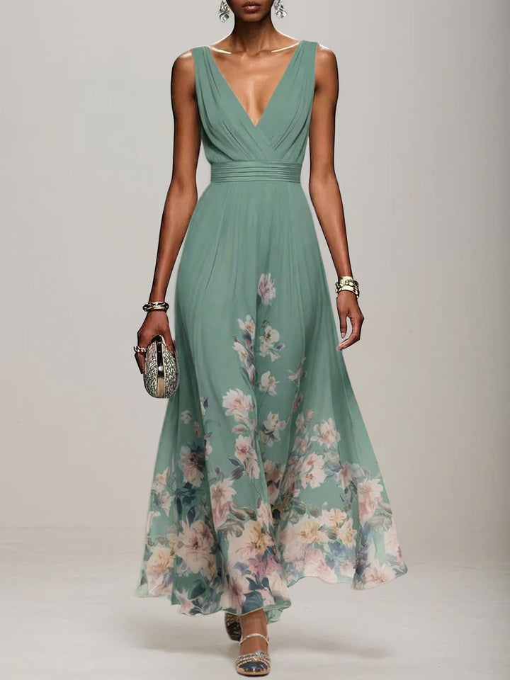 Light Blue Floral Chiffon V-Neck Sleeveless A-Line Maxi Dress