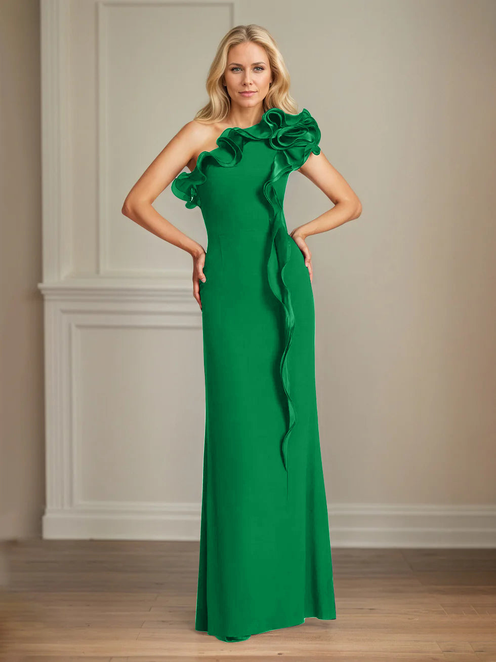 Navy Stretch Crepe One-Shoulder Sheath Dress with Ruffles – Floor-Length Mother of the Bride Gown