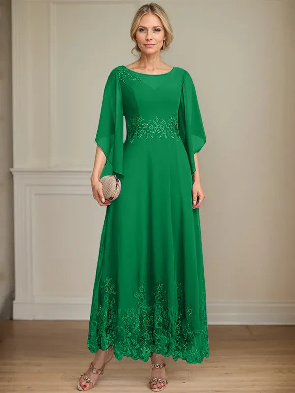A-Line Scoop Neck Illusion Lace Chiffon Mother of the Bride Dress with Sequins and Ankle-Length Hem