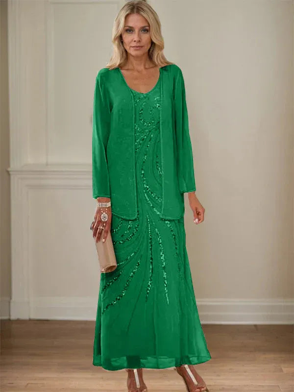 Sheath/Column V-Neck Ankle-Length Mother of the Bride Dresses with Jacket & Sequins