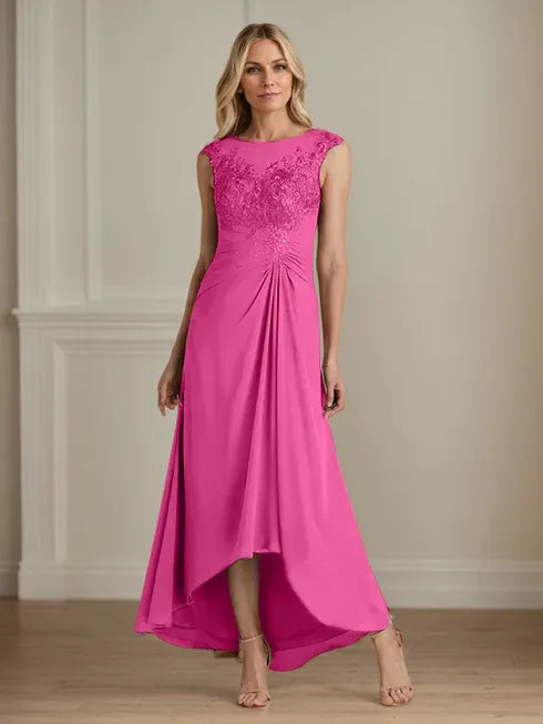 Champagne A-Line Lace and Chiffon Scoop Neck Dress