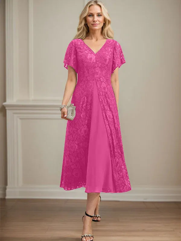 A-Line V-Neck Tea-Length Lace Chiffon Mother of the Bride Dress