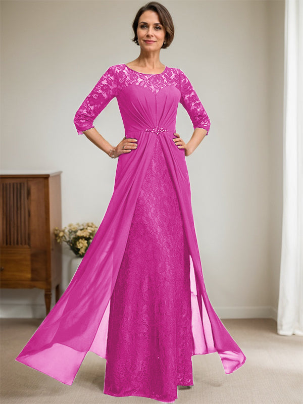 A-Line Scoop Neck Illusion Floor-Length Lace Chiffon Mother of the Bride Dress with Beaded Ruffles