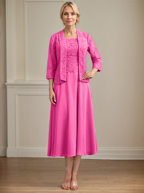 A-Line Scoop Neck Tea-Length Lace Chiffon Mother of the Bride Dress