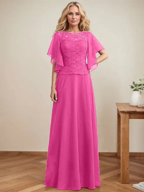 A-Line Scoop Neck Illusion Floor-Length Lace Chiffon Mother of the Bride Dress with Sequins