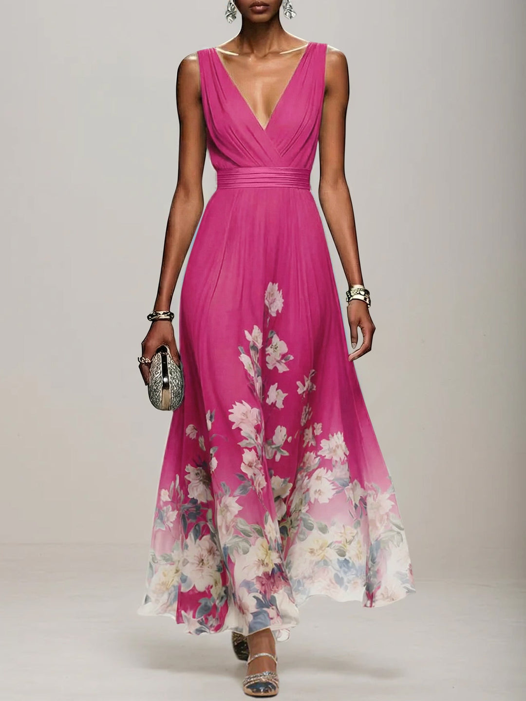 Light Blue Floral Chiffon V-Neck Sleeveless A-Line Maxi Dress