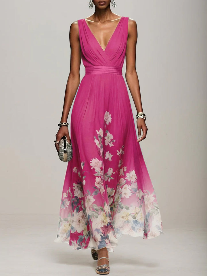 Light Blue Floral Chiffon V-Neck Sleeveless A-Line Maxi Dress