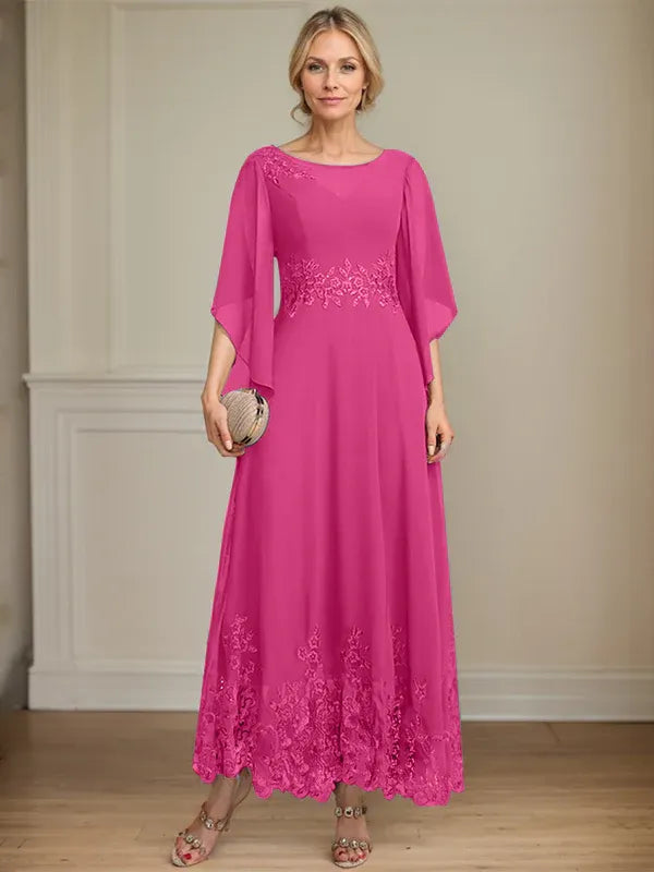 A-Line Scoop Neck Illusion Lace Chiffon Mother of the Bride Dress with Sequins and Ankle-Length Hem