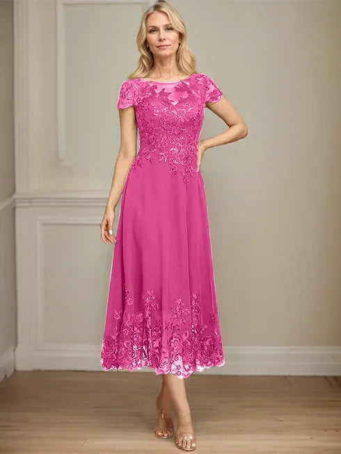 A-Line Illusion Scoop Tea-Length Lace Chiffon Mother of the Bride Dress with Sequins
