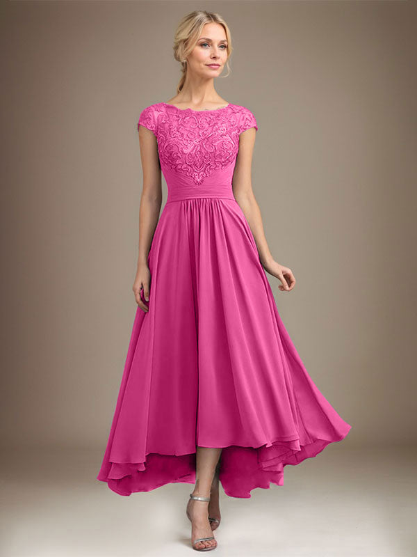 A-Line Scoop Neck Illusion Asymmetrical Lace Chiffon Mother of the Bride Dress with Pleats
