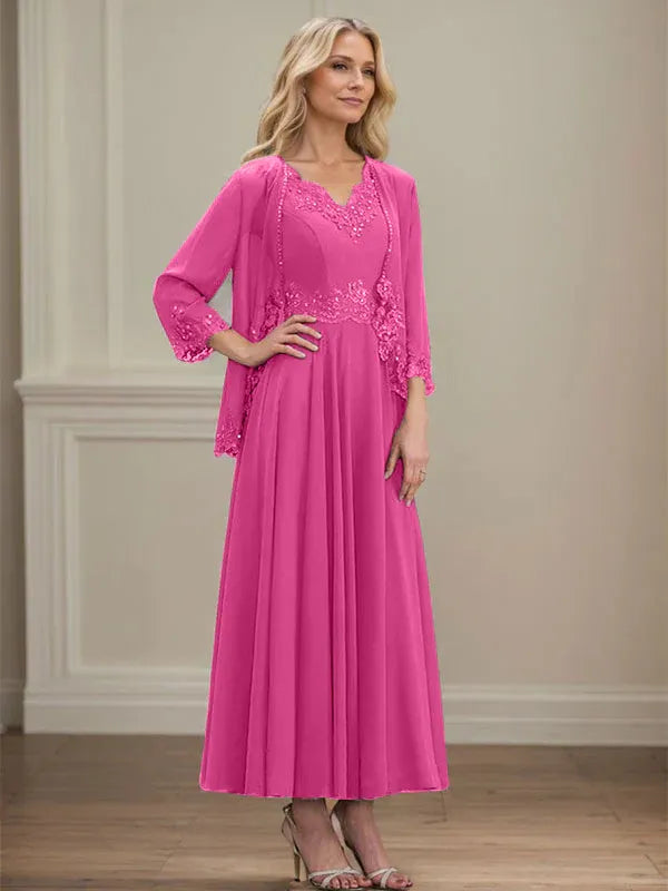 A-Line V-Neck Chiffon Mother of the Bride Dress with Sequins, Appliques, Lace, and Beading at Ankle Length