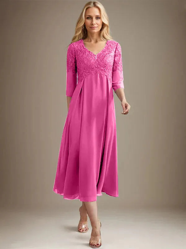 A-Line V-Neck Tea-Length Chiffon Lace Mother of the Bride Dress with Beading