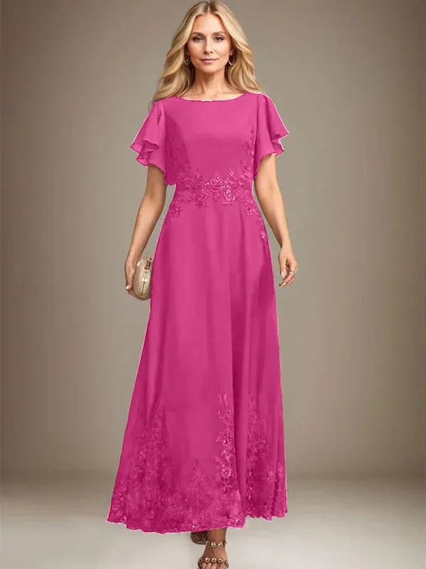 A-Line Scoop Neck Ankle-Length Lace and Chiffon Mother of the Bride Dress with Sequins