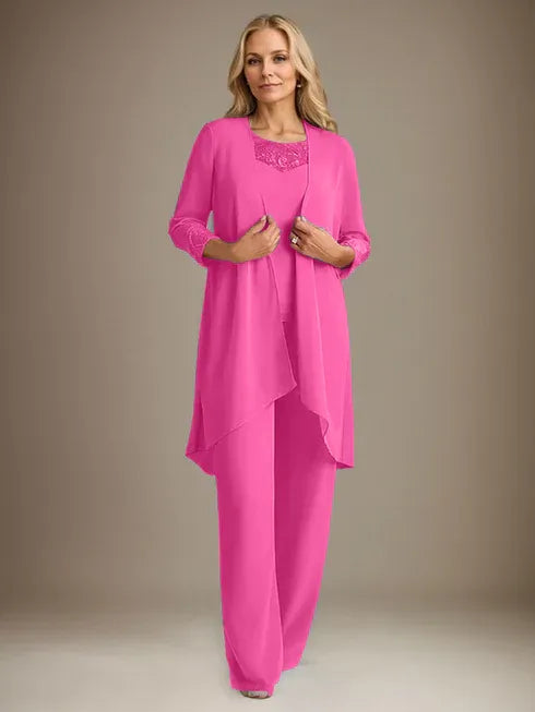 Chiffon Scoop Neck Long Sleeve Mother of the Bride Pantsuit with Jacket