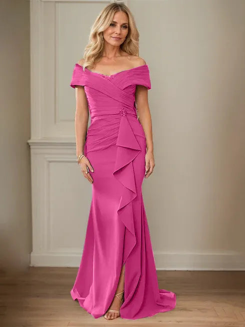 Floor-Length Lace and Chiffon Mother of the Bride Dress with Sheath/Column V-Neck Illusion and Pleated Sequins