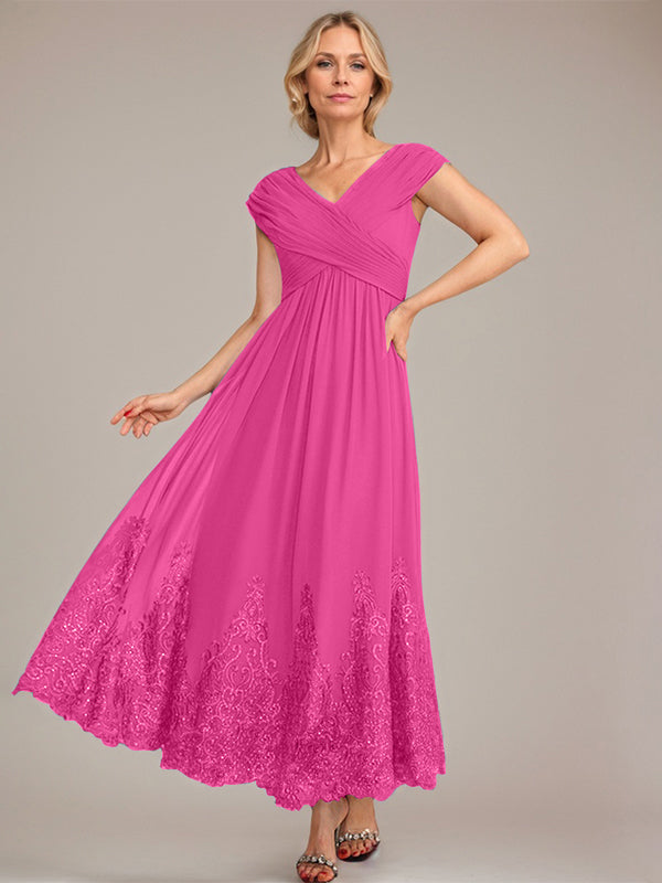 A-Line V-Neck Chiffon Mother of the Bride Dress with Appliqué and Sequins, Ankle-Length