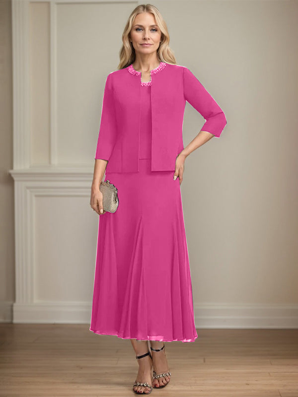 A-line Scoop Tea-Length Chiffon Mother of the Bride Dress with Sequins and Beading Separates