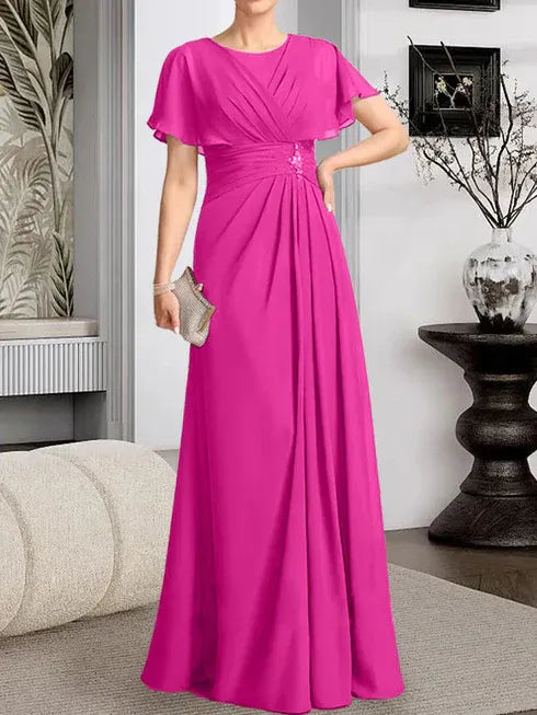 A-Line Scoop Neck Floor-Length Chiffon Mother of the Bride Dress with Pleated Beading