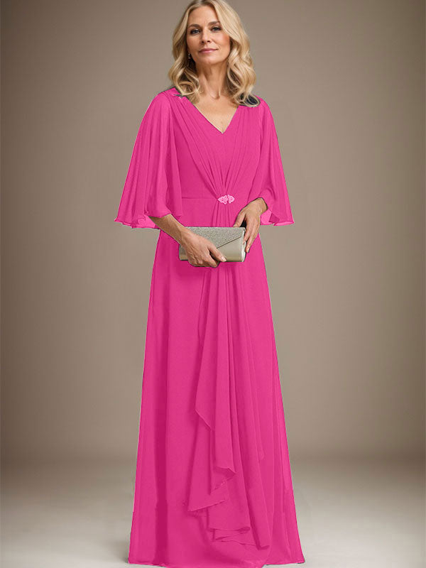 A-Line V-Neck Floor-Length Chiffon Mother of the Bride Dress with Cascading Ruffles and Crystal Brooch