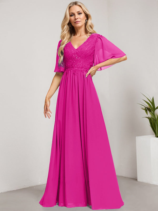 A-Line V-Neck Floor-Length Lace Chiffon Mother of the Bride Dress with Sequins