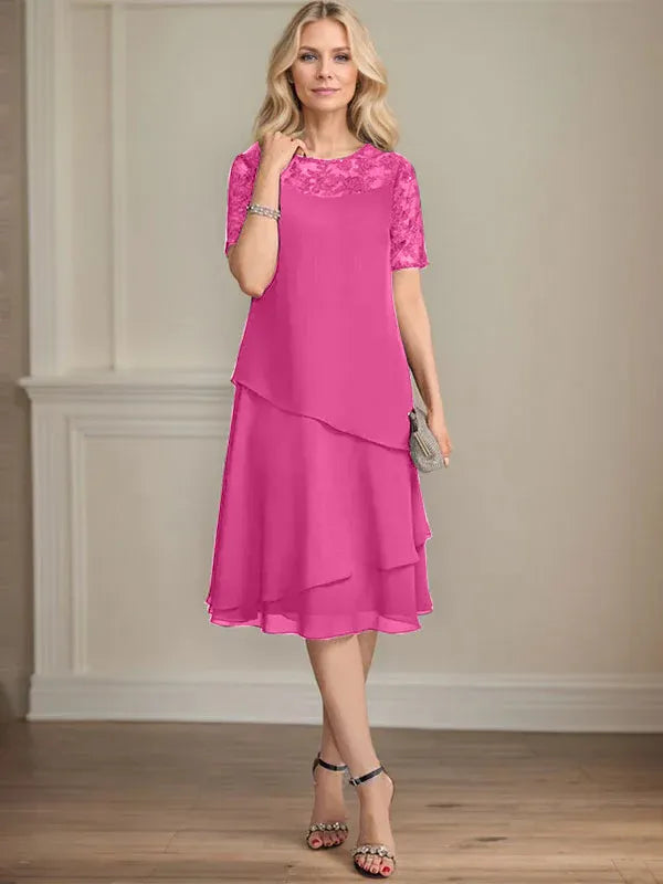 A-Line Scoop Neck Illusion Knee-Length Lace Chiffon Mother of the Bride Dress with Sequins