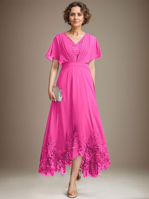 A-Line V-Neck Asymmetrical Lace Chiffon Mother of the Bride Dress with Pleats