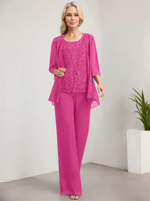 Floor-Length Lace Chiffon Mother of the Bride Jumpsuit/Pantsuit with Scoop Neck and Sequins
