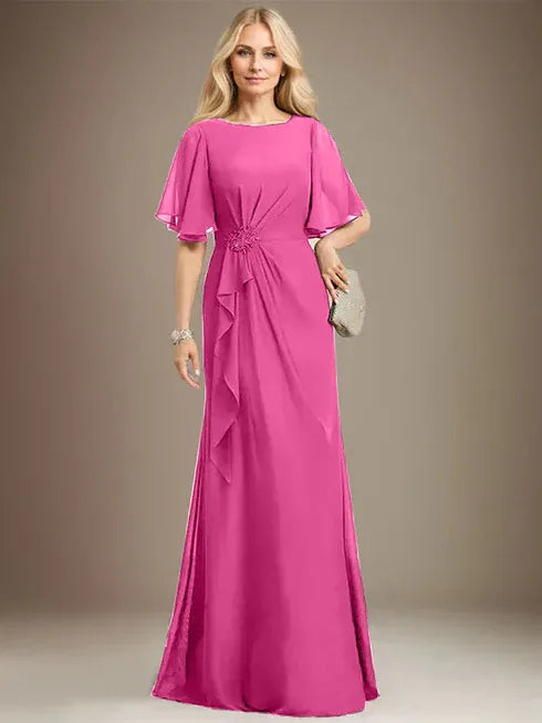 A-Line Scoop Floor-Length Chiffon Mother of the Bride Dress with Cascading Ruffles, Beading, and Sequins