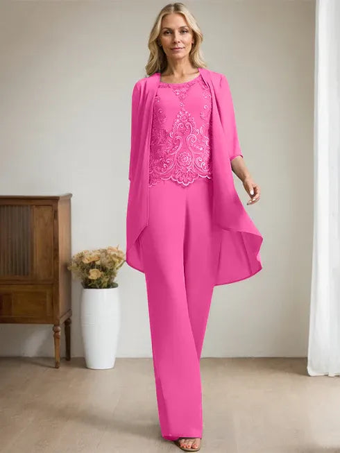Floor-Length Chiffon Lace Mother of the Bride Jumpsuit/Pantsuit with Scoop Neck, Beading, and Sequins