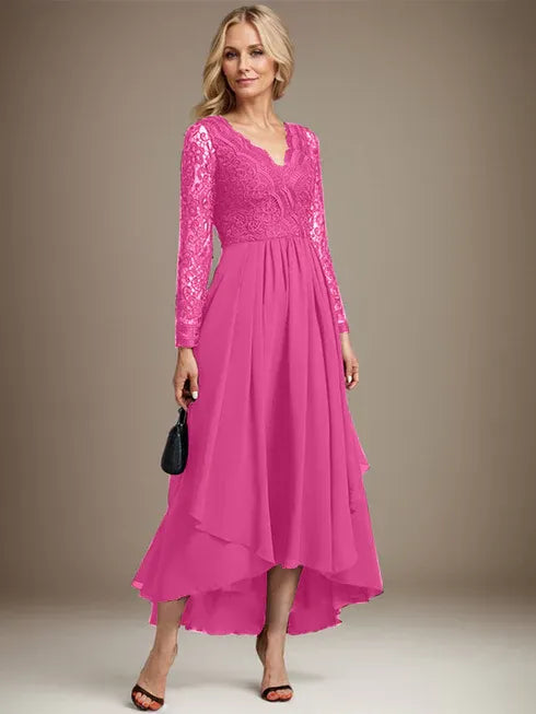 A-Line V-Neck Asymmetrical Lace Chiffon Mother of the Bride Dress