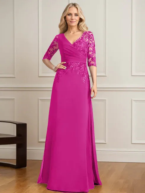 A-Line V-Neck Floor-Length Lace and Chiffon Mother of the Bride Dress with Pleated Sequins
