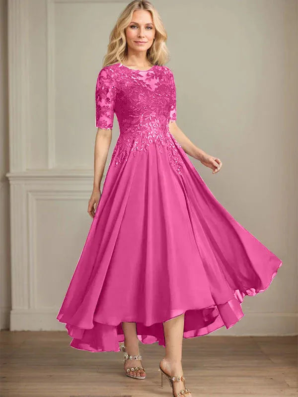 A-Line Scoop Neck Illusion Asymmetrical Chiffon and Lace Mother of the Bride Dress with Sequins