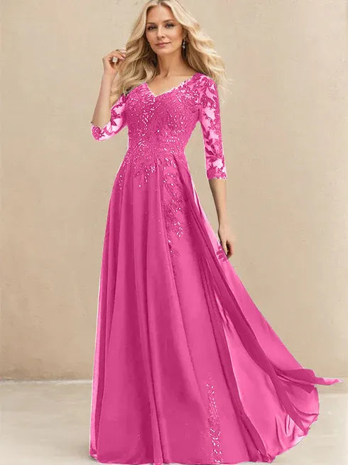 A-Line V-Neck Floor-Length Lace Chiffon Mother of the Bride Dress with Sequins