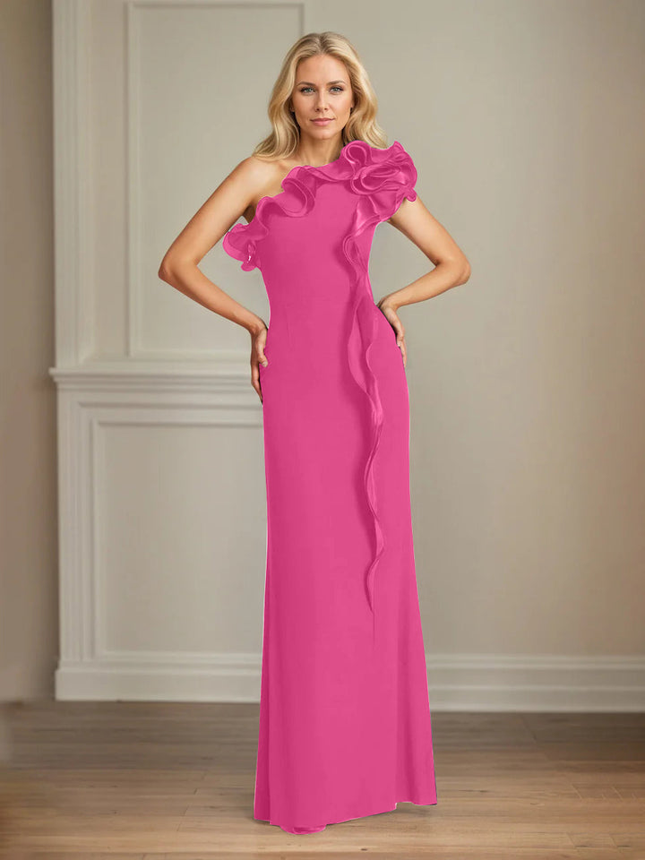 Navy Stretch Crepe One-Shoulder Sheath Dress with Ruffles – Floor-Length Mother of the Bride Gown